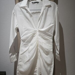 Zara White Ruched Shirt Dress